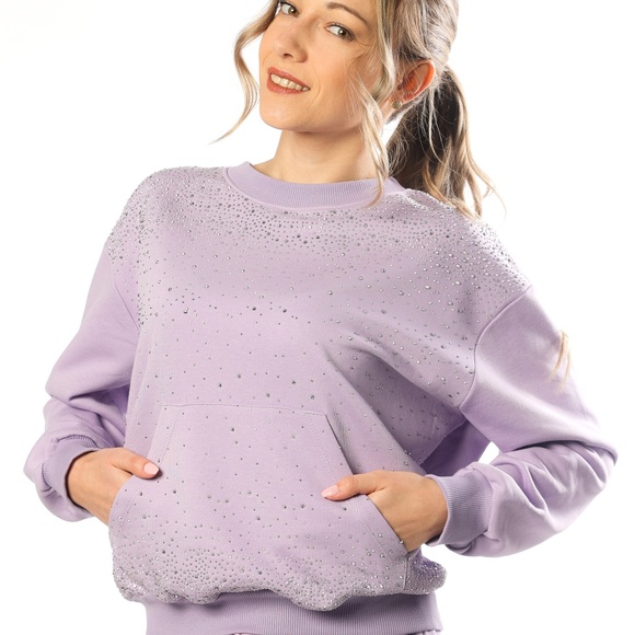 New Shiny Crewneck Sweatshirt, Lightweight Pullover, Oversized Rhinestone Hoodie - Picture 7 of 16